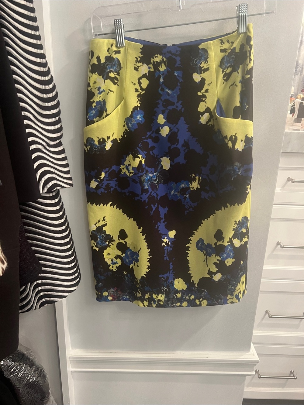 ERDEM Yellow, Blue & Black Floral Pencil Skirt with Pocket Accents